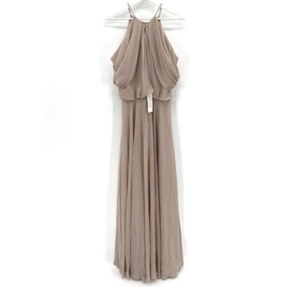 Kleinfeld Bridesmaid Cappuccino Sleeveless Chiffon Cold Shoulder 14 Maxi Dress - Picture 9 of 12